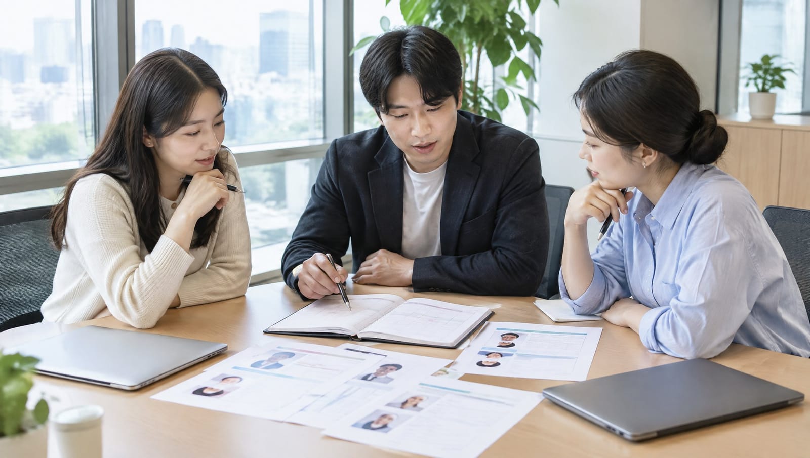 강사 프로필 자료를 함께 검토하는 회의 모습 (예시 이미지)